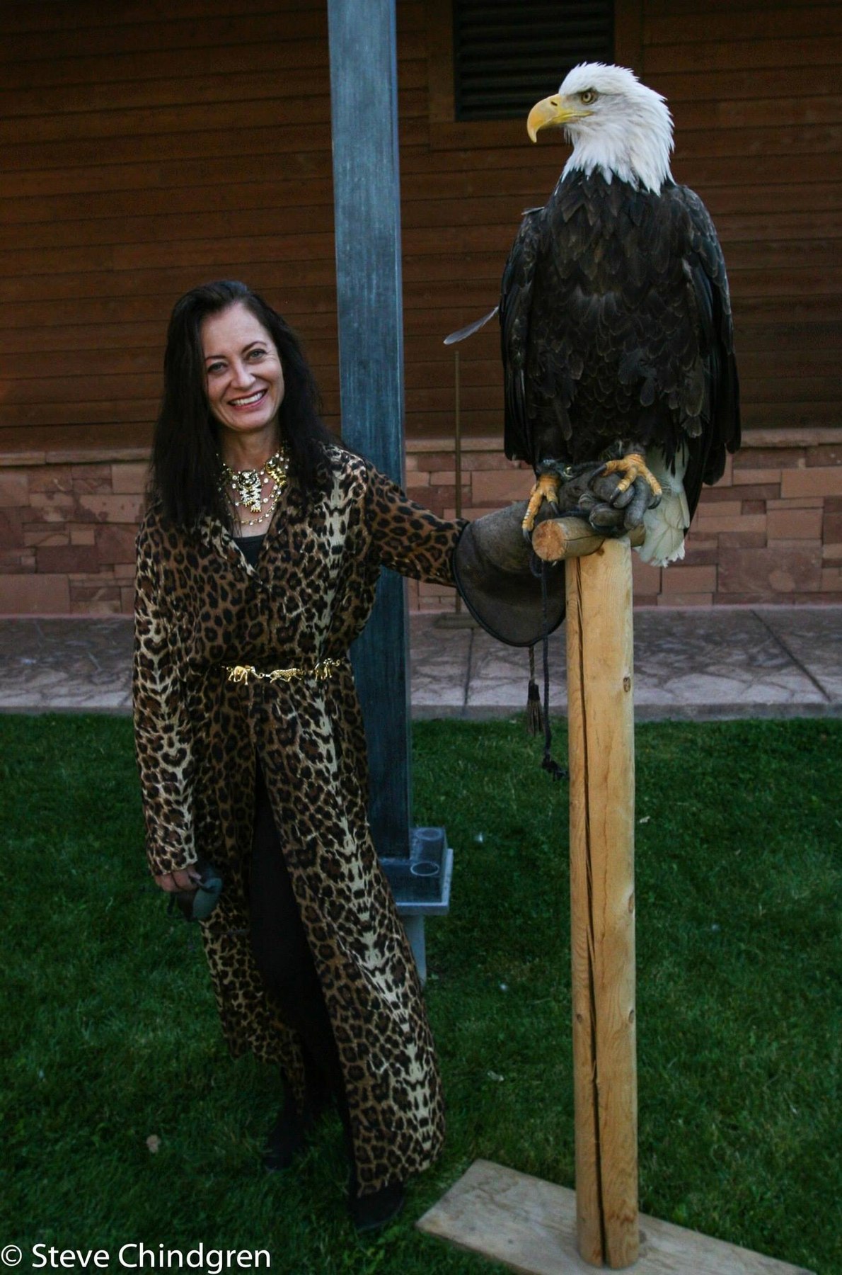 Primary eagle caretaker with Bald Eagle Liberty at an outdoor perch — photo: Steve Chindgren